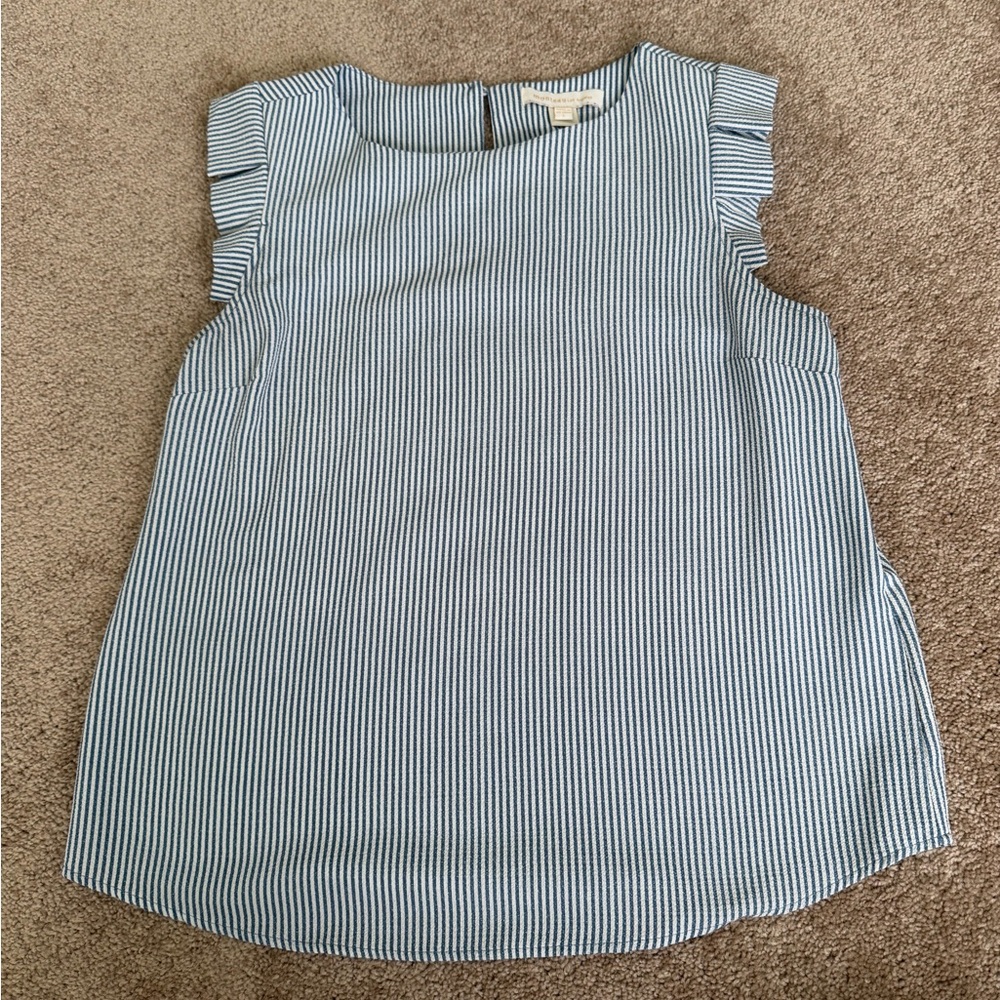 Striped Blue and White Ruffle-Sleeve Tank Top